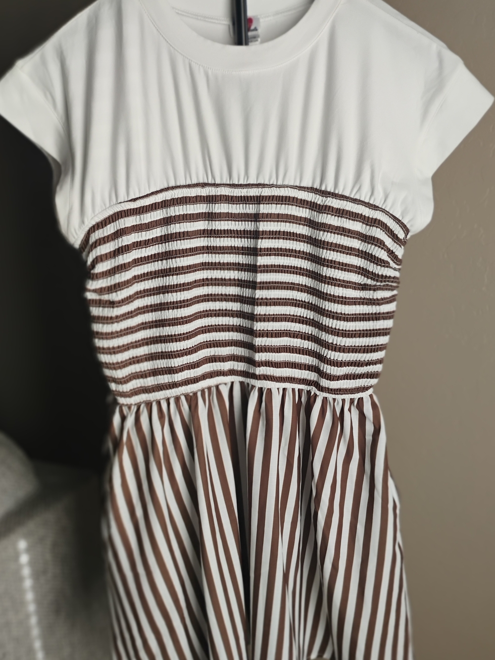 Women’s Size L White and Brown Striped Smocked Mini Dress